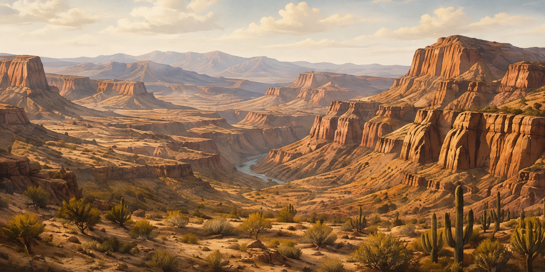 Illustration of a sunlit Arizona-inspired canyon and river